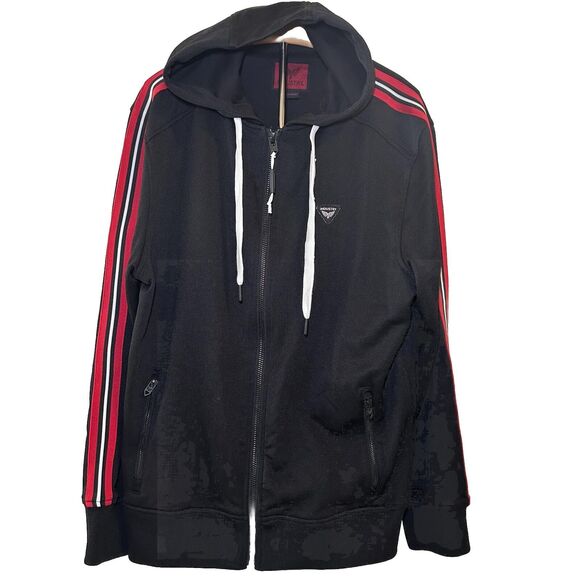 Industry Men’s Double Knit Zip Up Jacket with Hood Size XL Black Sleeve Stripes - Picture 1 of 9